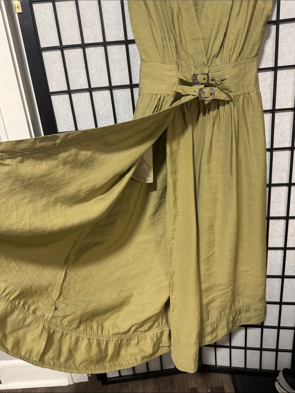 ba&sh Dove Olive Green Wrap Midi Dress with Double Buckle Waist - Picture 12 of 16